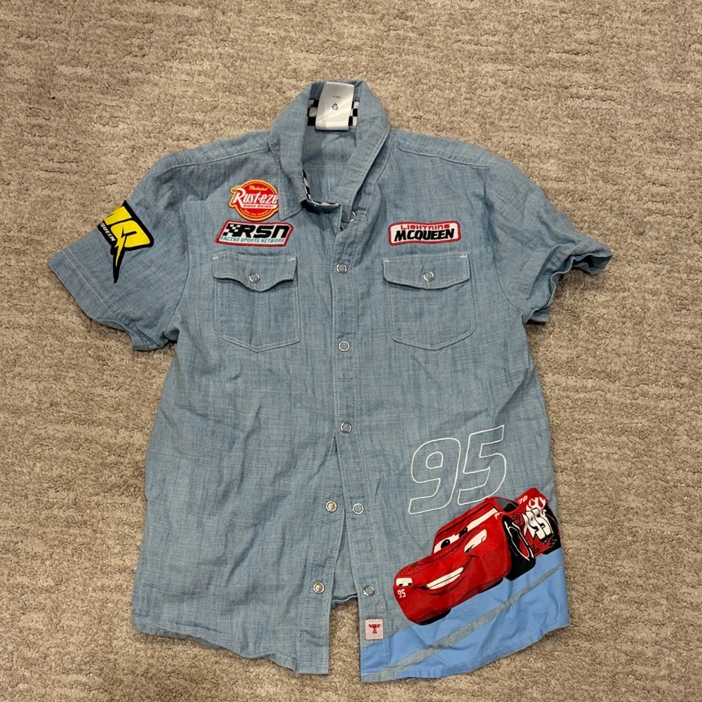 Disney Cars Themed Blue Button-Up Shirt